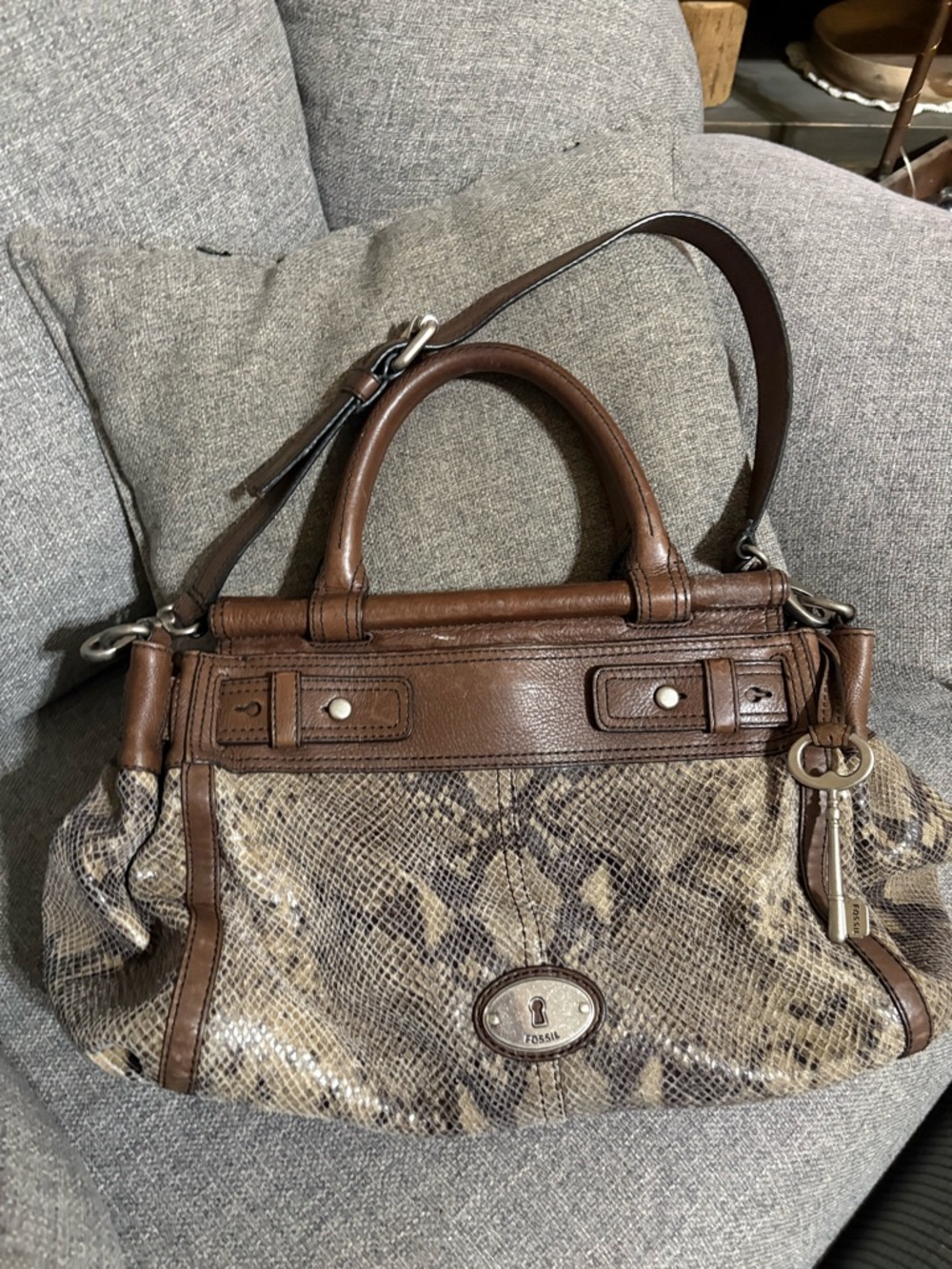Fossil Brown Leather & Taupe Snake-Print Satchel